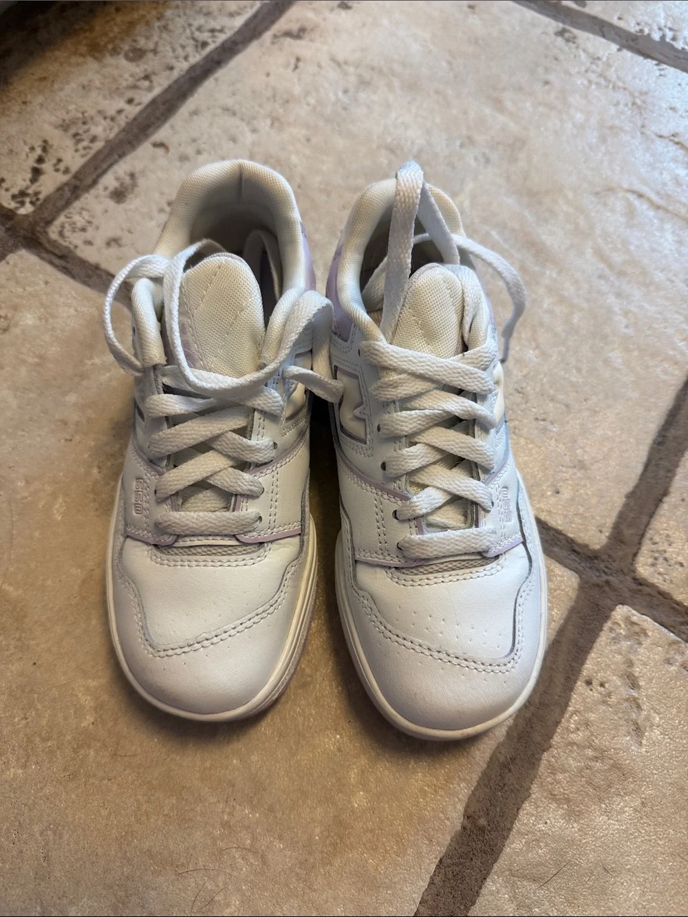 New Balance Kids White Sneakers with Light Purple Trim